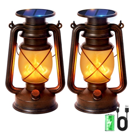Solar Powered LED Flickering Flame Constant Light Camping Lanterns（2 Pack)