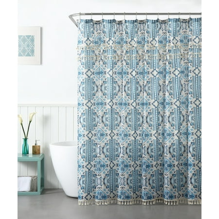 80 Shower Curtain Peach & Oak, Fabric Shower Curtain - Blue Tatum Print - 80% Polyester / 20% Cotton - 72
