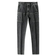 Men's Jeans Mens Fashion Casual Pocket Waist Solid Color Slim Toe Jeans Pants Jeans Homme Slim Black 32