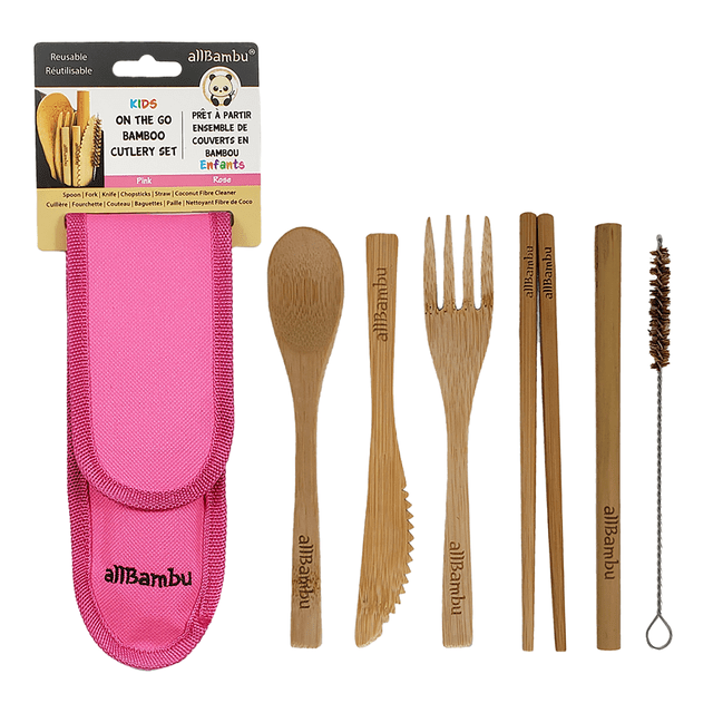 allBambu Bamboo Cutlery Set - Kids, Pink