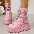 thumbnail image 2 of SACFOF Women's Pink Platform Boots Wedge Combat Gothic Chunky Heel Lace Up Mid Calf Punk Motorcycle Shoes, 2 of 6
