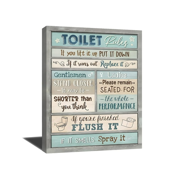 Christmas Gift Bathroom Wall Art Toilet Rules Canvas Wall Decor Bathroom Sign Pictures Print Painting Teal Framed Artwork Home Decoration for Bathroom 12x16