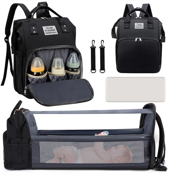Baby Diaper Bag Backpack, Large Capacity Waterproof Travel Backpack with Insulated Milk Bottle Pocket and Foldable Crib, Multifunctional Baby Diaper Bag with Changing Station (Black)