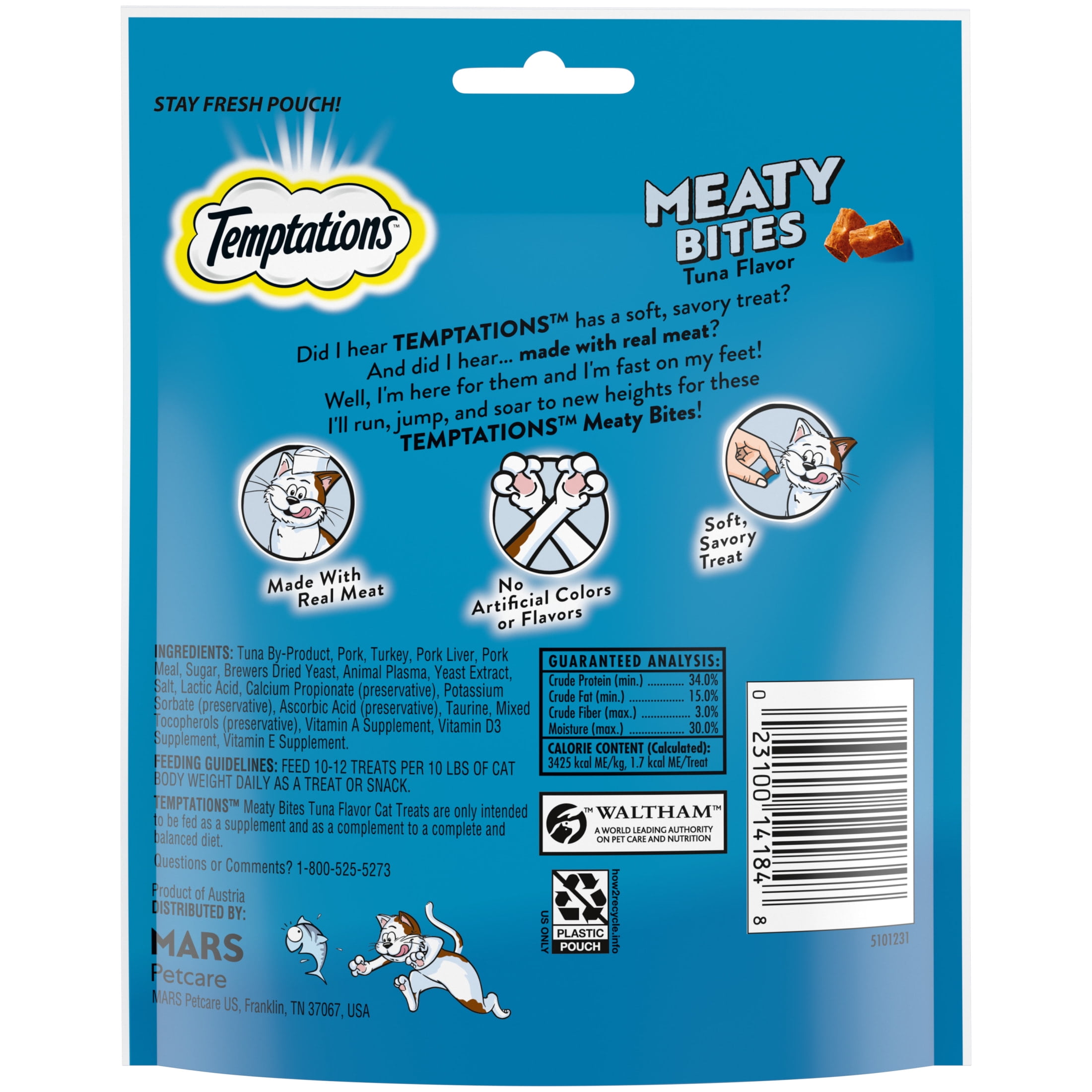 Temptations Meaty Bites Soft and Savory Tuna Flavor Cat Treats for Adult Cats, 4.12 oz Pouch