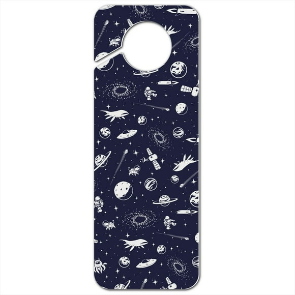 Space Pattern with Stars Planets Aliens Astronauts Spaceships Dogs Plastic Door Knob Hanger Sign