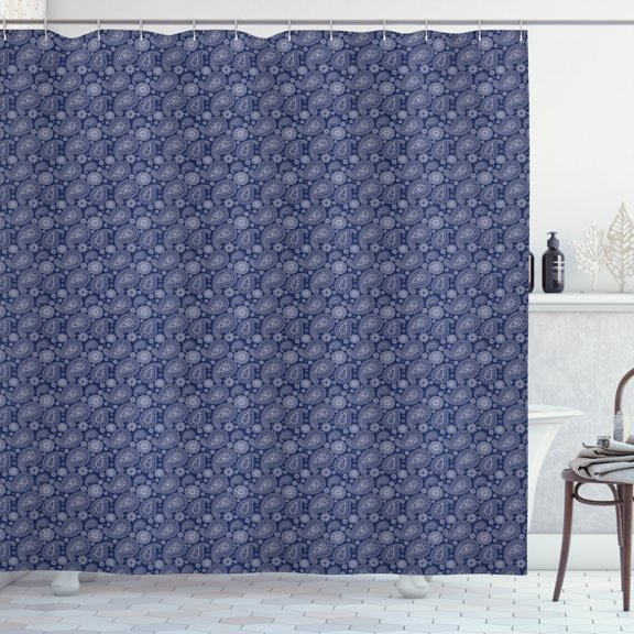 Ambesonne Blue Paisley Shower Curtain, Sketch Style Motifs, 69"Wx70"L, Indigo and White