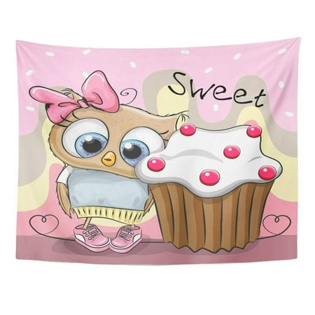 Bird Decor For Home UFAEZU Pink Cute Cartoon Owl Cake Baby Bake Beautiful Bird Birthday Wall Art Hanging Tapestry Home Decor for Living Room Bedroom Dorm 51x60 inch ()