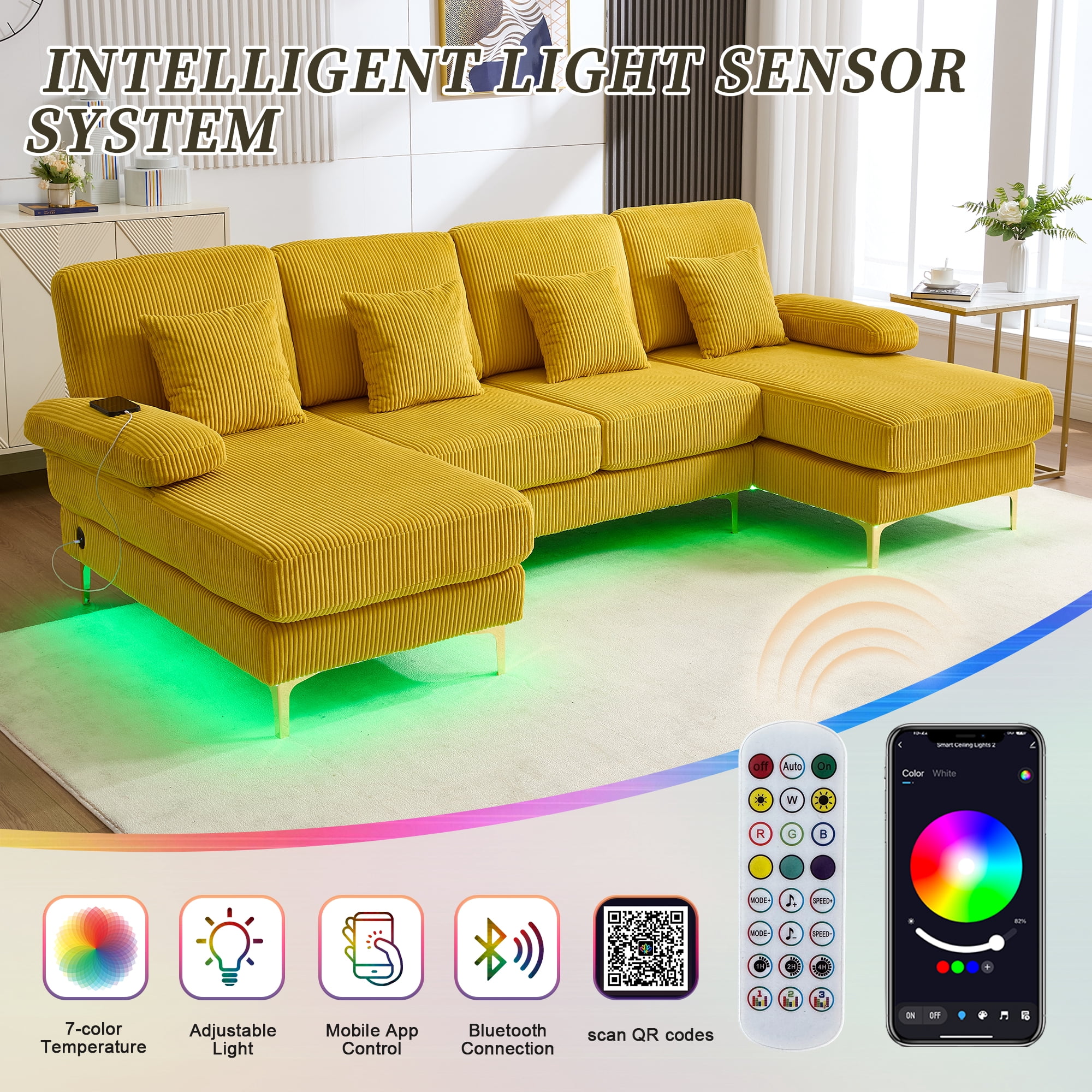 Homefun U-Shaped Corduroy Sectional Sofa 4-Seat with 2 Chaise Large Couches with USB Intelligent Lighting