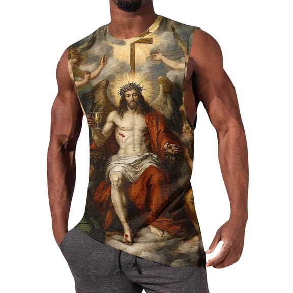 LEKWK Men's Religious Tank Tops Sleeveless Crew Neck Muscle Shirts 3D Print Jesus Christ Vest Summer Gym Workout Athletic Breathable Casual Fashion Blouse