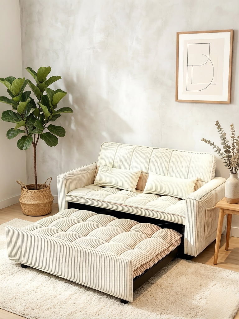 AISWORD Sleeper Sofa Bed, 3-in-1 Convertible Pull Out Couch with Adjustable Backrest for Living Room, Loveseat Sofa Bed with Side Pockets, Beige