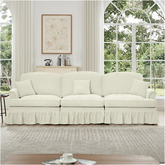 JERFIT 3-Seater Chenille Sofa with Removable Ruffle Skirt, Mid Century Modern Flared Arm Couch for Living Room