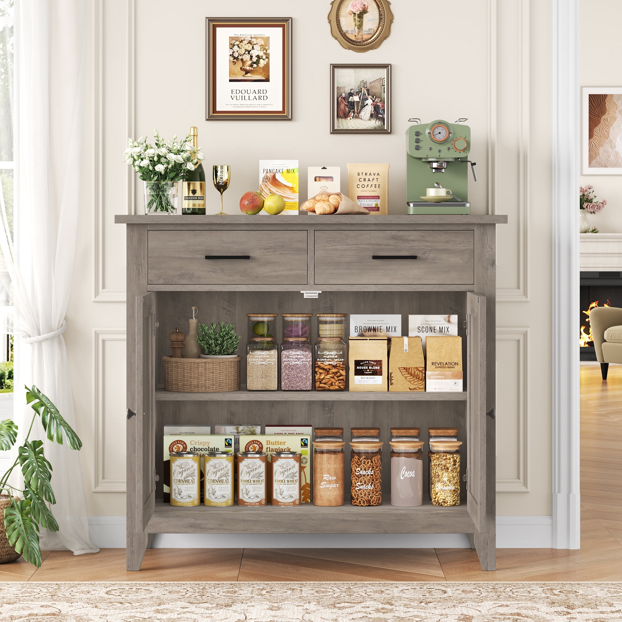 Homfa Kitchen Storage Cabinet, Sideboard Buffet Coffee Bar with 2 Drawers and 2 Doors for Dining Room Living Room, Gray