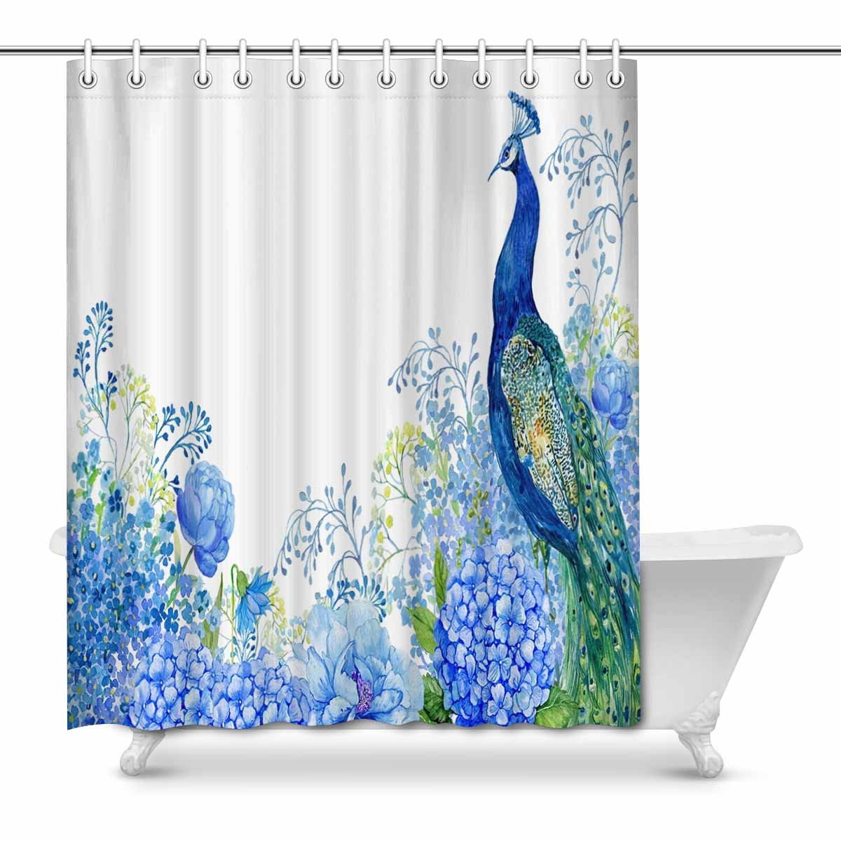 Pop Big Bird And Peacock Blue Flowers Modern Art Shower Curtain