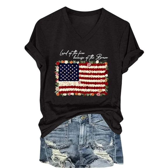 HEILAU Independence Day Shirts for Women American Flag Graphic Tees V Neck Short Sleeve 2D Print T Shirt Patriotic Tops