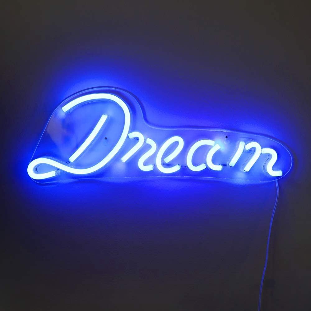 Isaac Jacobs 17" x 6" LED Neon Blue “Dream” Wall Sign for Cool Light, Wall Art, Powered by USB Wire