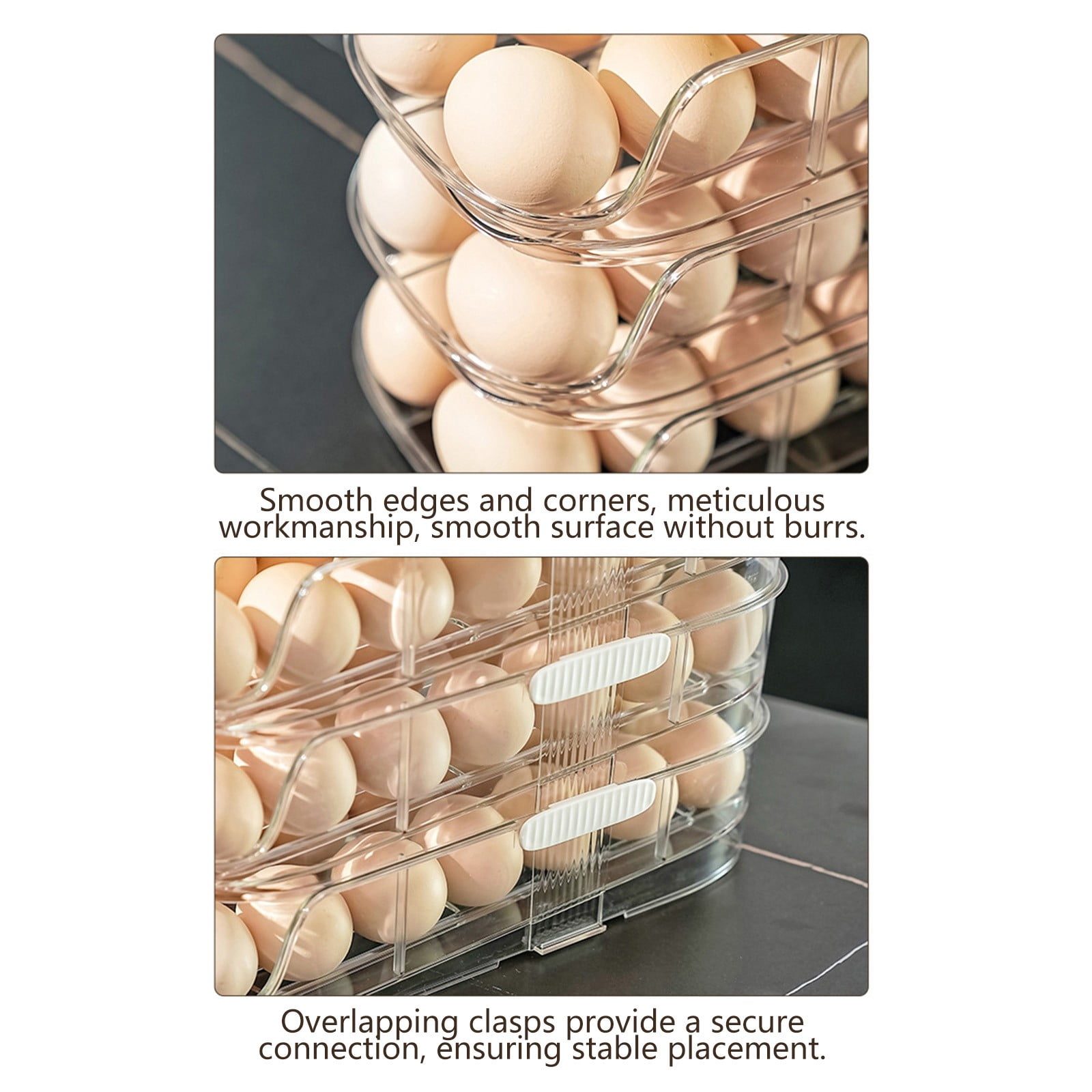 Premium Plastic Rolling Egg Organizer with Multi-Layer Storage, Transparent Lid, Non-Slip Base, and Smooth Tray for Kitchen and Refrigerator Storage