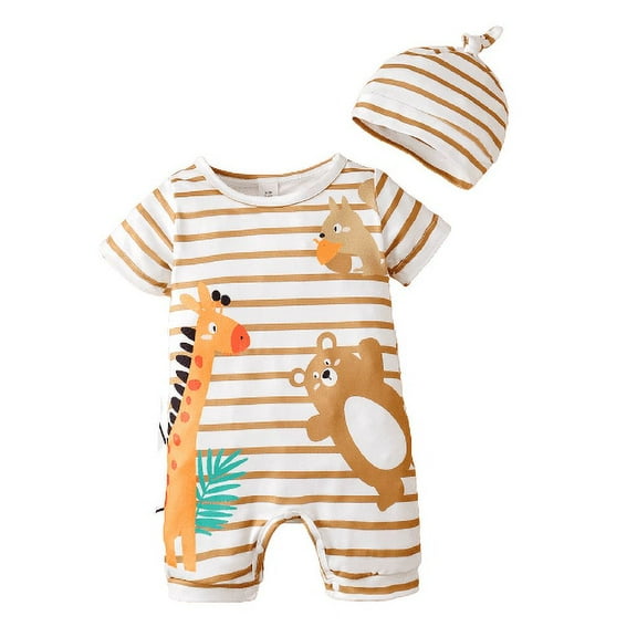 Mikrdoo Baby Boys Romper Animals Jumpsuit Summer Stripe Short Sleeve Bodysuit With Hat Brown 6-9Months