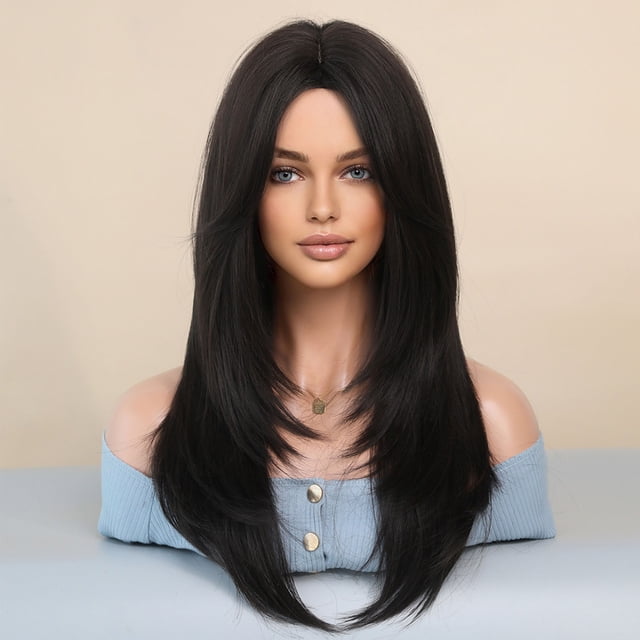 Long Wig Human Hair with Bangs and Wig Cap Glueless Straight Curly Natural Layered Synthetic Wigs 25 Inch