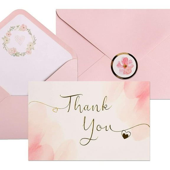 40 Gold Pink All Occasions Envelopes, Stickers Thank You Notes Cards Set 4x6"