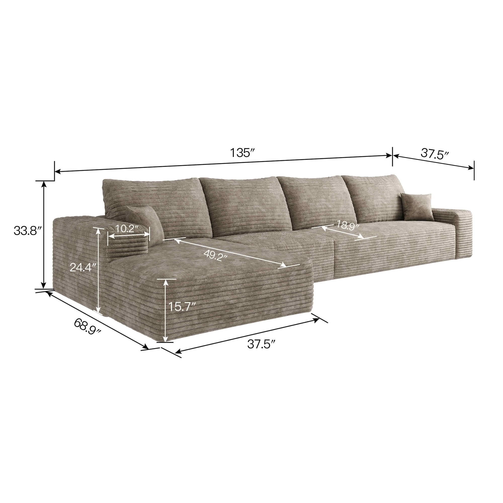 MAYEERTY L-Shaped Modular Cloud Couch, Plush Corduroy Sectional Sofa with Chaise, Deep Seat Leisure Sofa No Assembly for Home