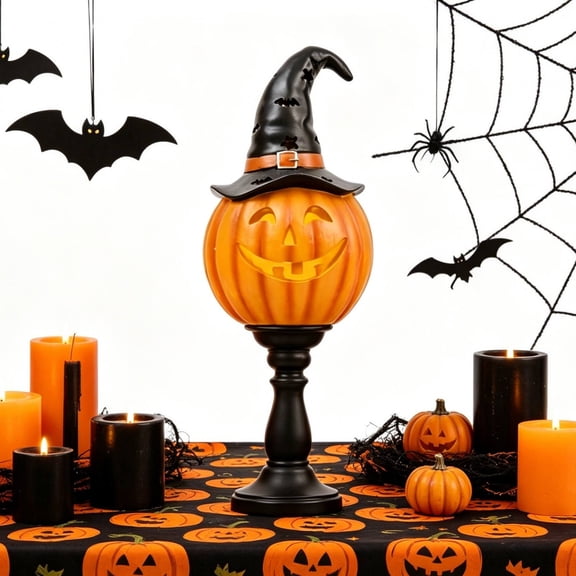 Clearance! Halloween Pumpkin Pedestal Lamp with Witch Hat, Lighted Resin Jack O Lantern Tabletop Decoration, Halloween Centerpiece for Mantel Shelf Home Decor