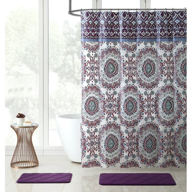 Delightful purple and red shower curtain Colorful Bohemian Fabric Shower Curtain Large Mandala Print With Top Border Design Teal Aqua Purple Red 72 X Walmart Com