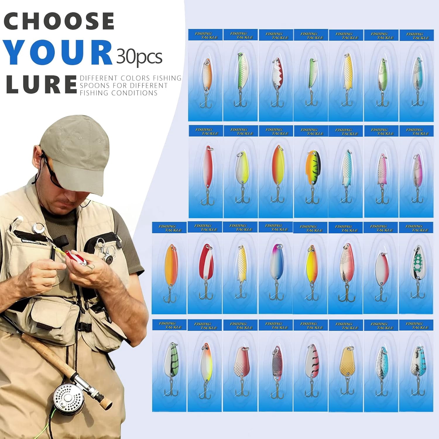 QualyQualy 30Pcs Fishing Lures Baits Tackle, Fishing Spoon Lure Spinnerbait Bass Walleye Trout Salmon Hard Metal Spinner Baits Kit