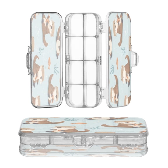 Plastic Pencil Box Large Capacity Pencil Boxes Clear Boxes with Snap-Tight Lid Stylish Office Supplies Storage Organizer Box Cute Otters in Various Poses