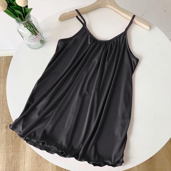 Karight Womens Adjustable Spaghetti Strap Satin Nightgown Flowy Ruffled Hem Lightweight Sleep Dress with Gathered Neckline