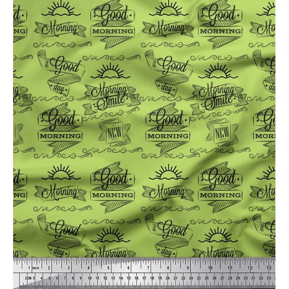 Soimoi Green Poly Georgette Fabric Sun & Text Printed Fabric 1 Yard 52 Inch Wide