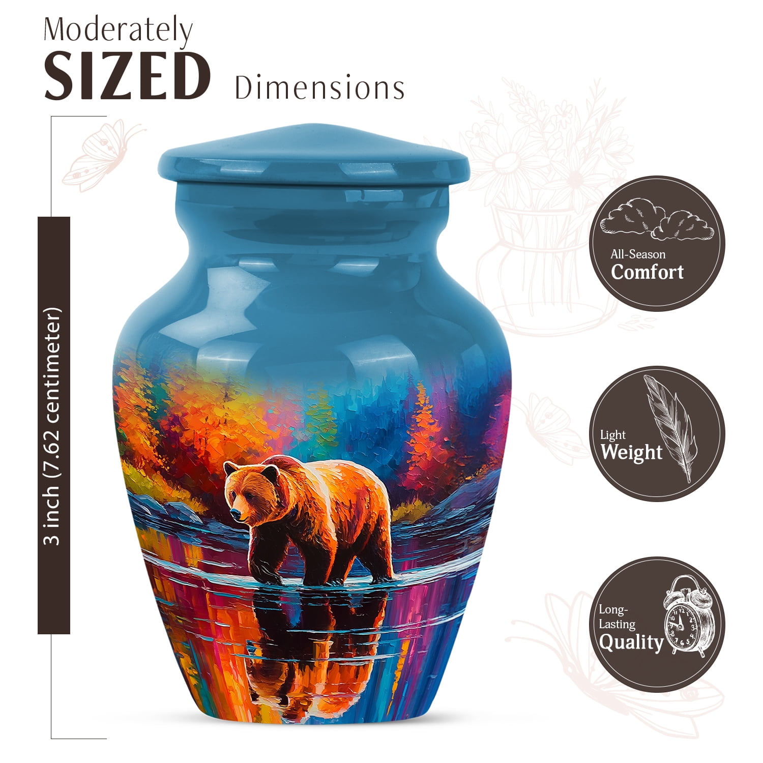 JAGASY Bear Miniature Urn for Daughter, Blue Small Urns for Human Ashes Keepsake, River Orange Yellow Trees Decorative Urn for Son, Handmade Tiny Urns for Children, (3 Inch)