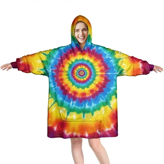 Rainbow Tie Dye Concentric Circles Wearable Oversized Blanket,Wearable Blanket Hoodie for Adults,Cozy Hooded Blankets with Super Pockets,Super Warm Fuzzy Pullover for Women & Men