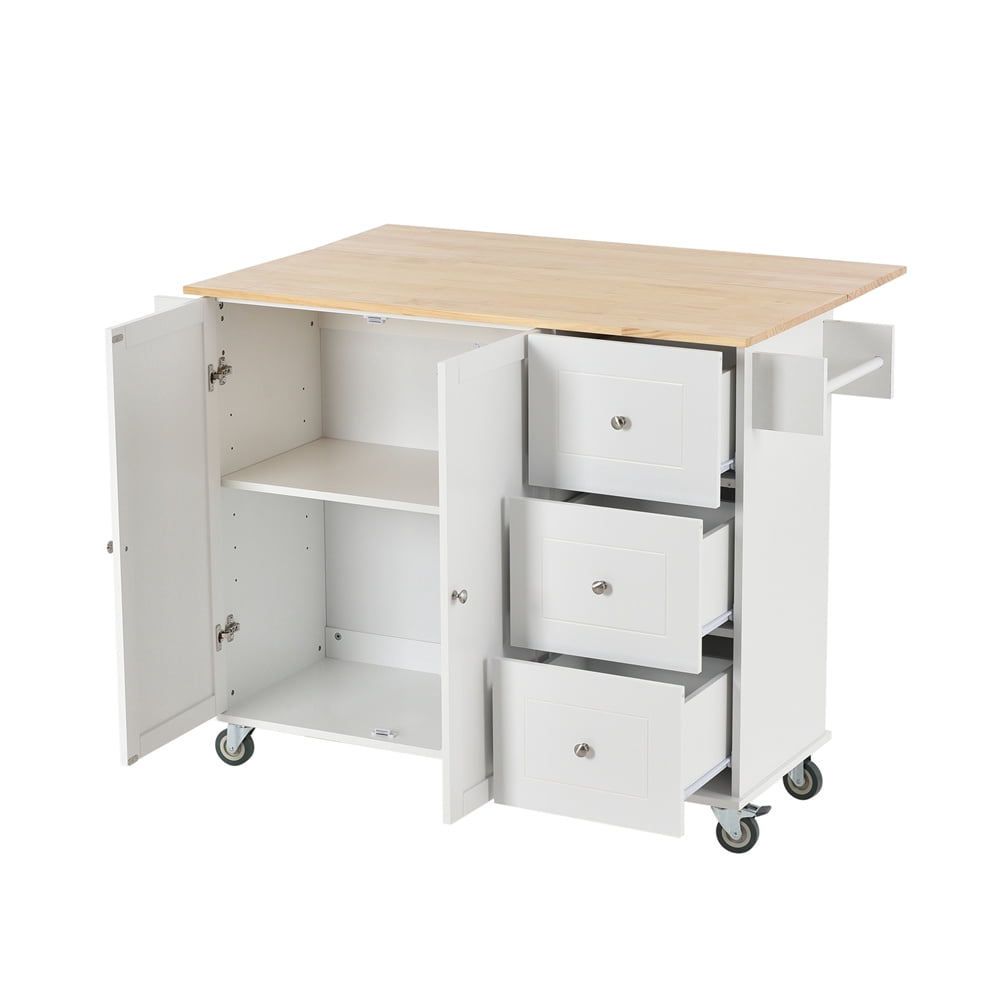 Kitchen Island Cart with Drop-Leaf Tabletop and Locking Wheels, 52.7" Large Kitchen Trolley Cart with 2 Door Cabinet and 3 Storage Drawers, Spice Rack Towel Rack, Rolling Kitchen Island Cart, White