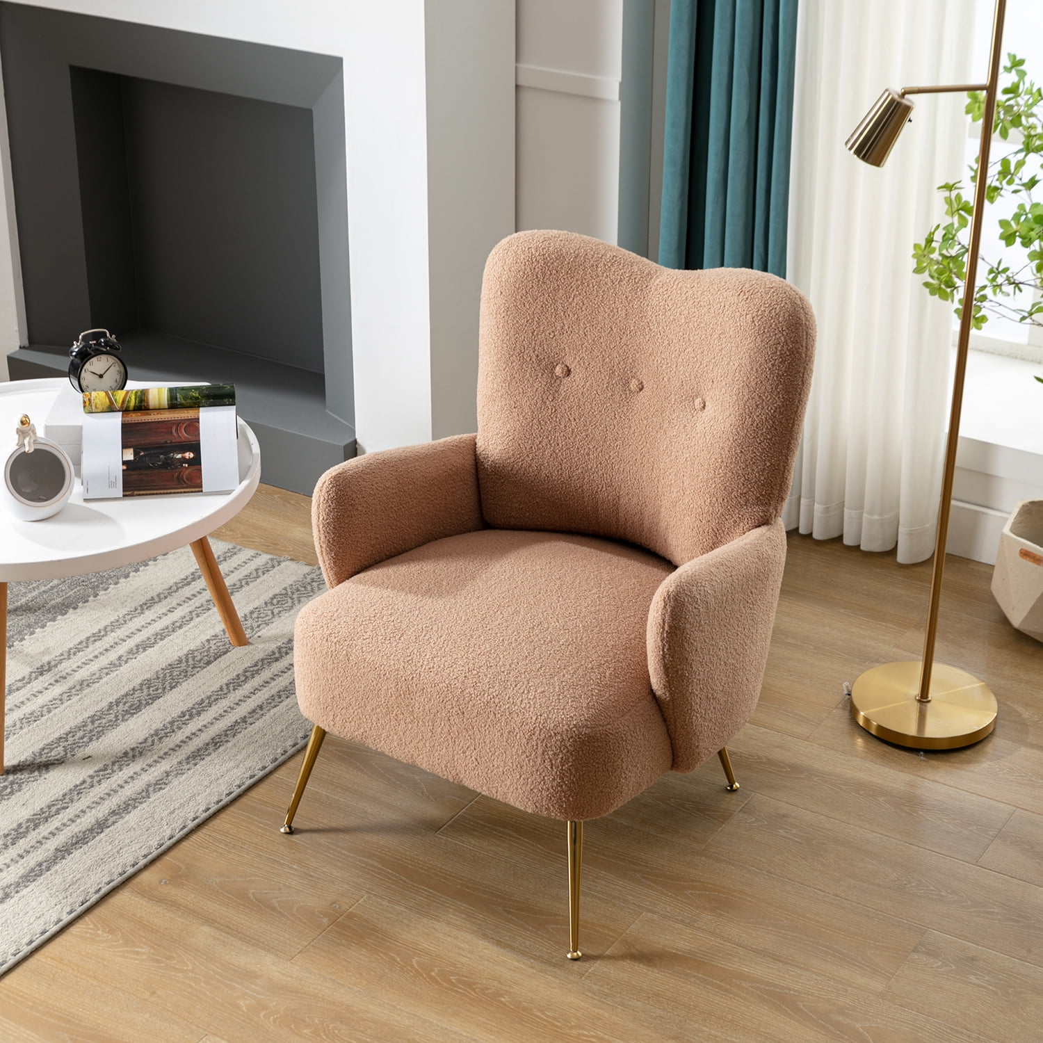 Kadyn Modern Teddy Short Plush Particle Armchair, Altay Velvet Accent Chair with Golden Metal Legs and High Back, Upholstered Accent Lounge Chair for Living Room, Espresso