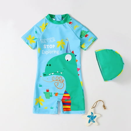 

URMAGIC 1-7T Toddler Baby Boys Short Sleeve Dinosaur Shark Rashguard One-Piece Swimsuit with Hat