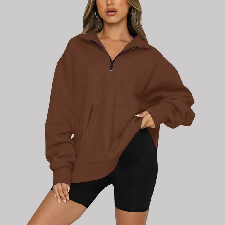 ZQGJB Women's Lightweight Sweatshirt Cozy 1/4 Zip Pullover Sweatshirts  Lapel Loose Oversized Tunic Tops Casual V-Neck Pullovers with Pockets  Coffee L 