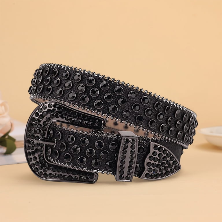 Tnobhg Women Faux Leather Belt Rivet Rhinestones Punk Style 