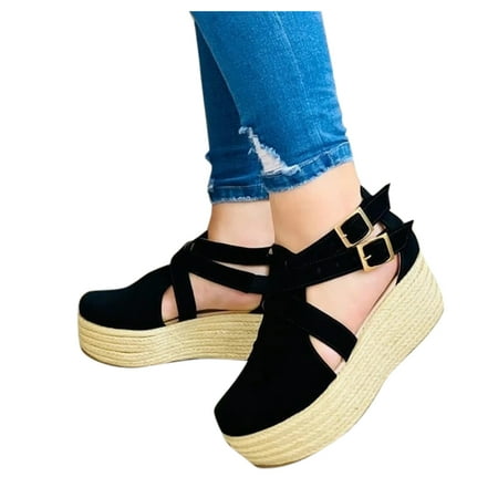 

eczipvz Platform Sandals Summer Wedge Sandal for Women Closed Toe Braided Cushion Ankle Strap Espadrille Rubber Fashion Comfortable Sandals