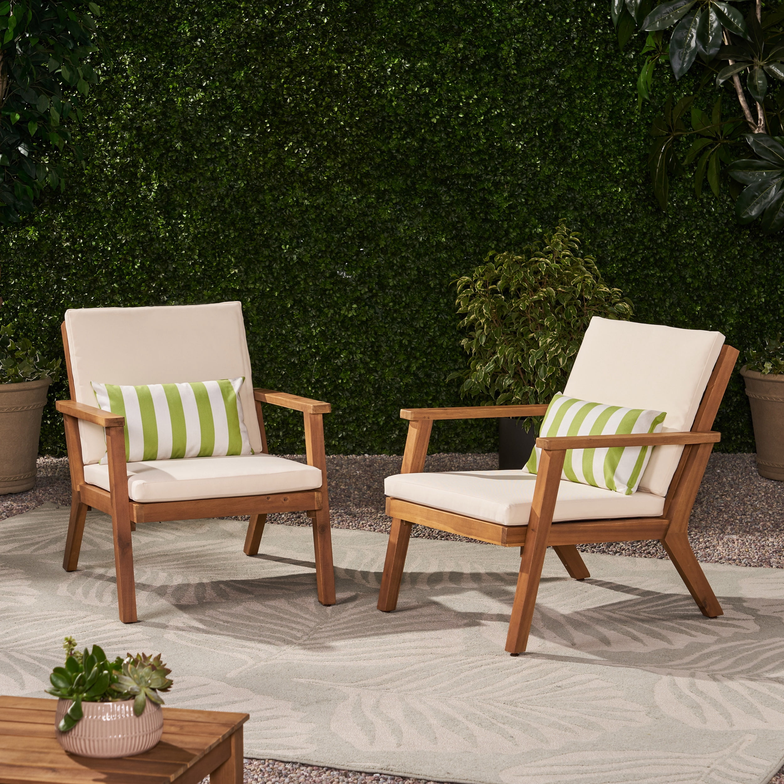 Outdoor Cushioned Single Chair Set of 2, Acacia Wood Frame Relaxing Seats for Patio Garden, Teak and Cream