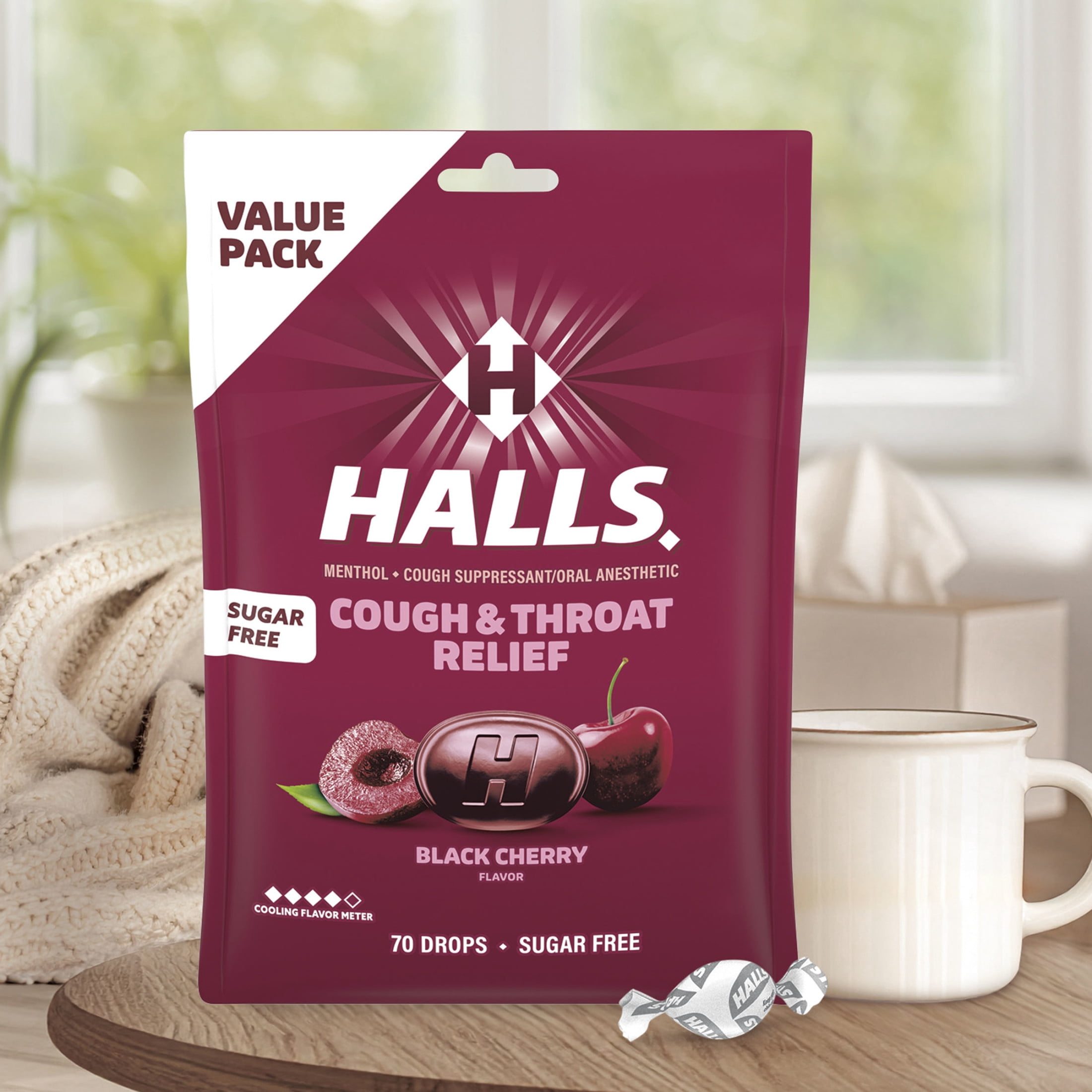 HALLS Cough & Throat Relief Black Cherry Sugar Free Cough Drops, Value Pack, 70 Drops
