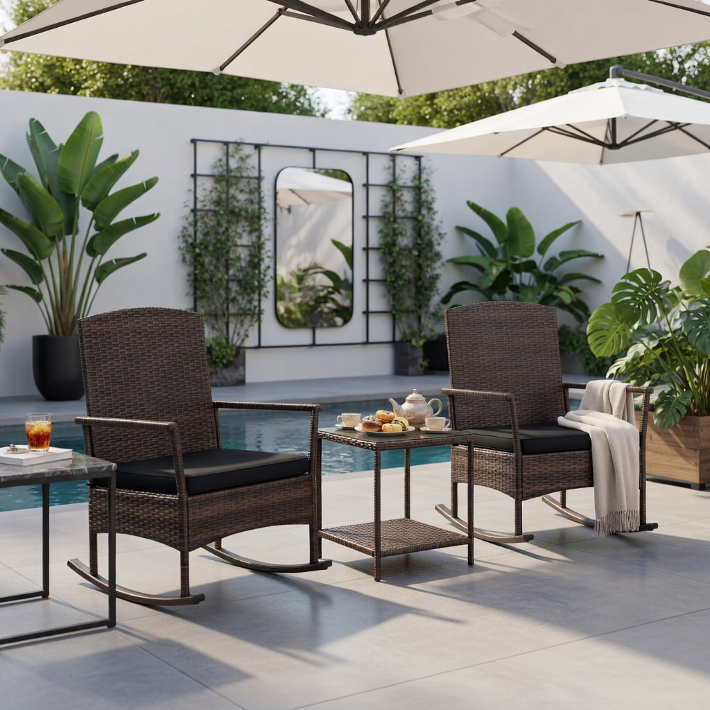 Hommoo 3-Piece Outdoor Rocking Bistro Set, PE Rattan Rocker Chairs + 2-Tier Tempered Glass Coffee Table, Black