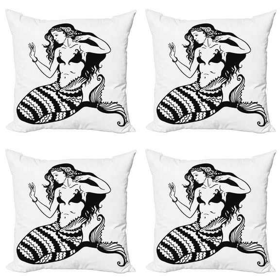 Ambesonne Black White Throw Pillow Cover 4 Pack, Fish Tailed Young Girl, 18", White and Black