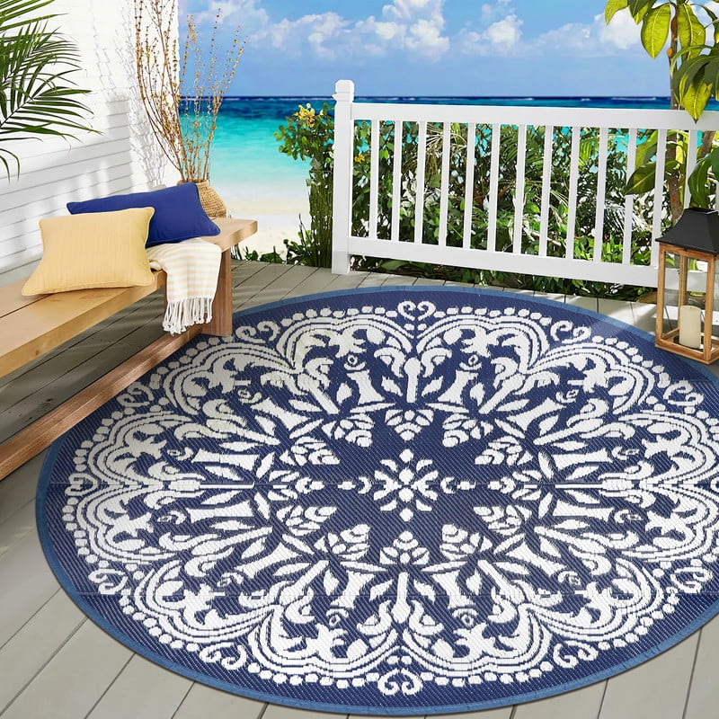 Aonewoe Round Outdoor Rugs 8Ft Waterproof Patio Plastic Straw Rug Reversible Camping Carpet Indoor Outdoor Area Rug for Patio,Deck,Balcony,Picnic,Beach,Outside