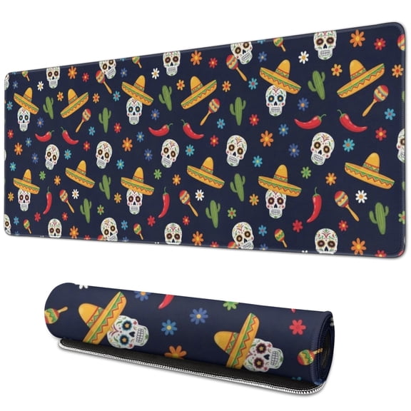 Long Mouse Pads for Desk,Navy Mexican Skull Pattern Desk Mats on Top Of Desks, Desk Mouse Pad Extra Large with 3mm Non-Slip Base and Stitched Edge for Gaming,Office,Work,Home 31.5"x11.8"