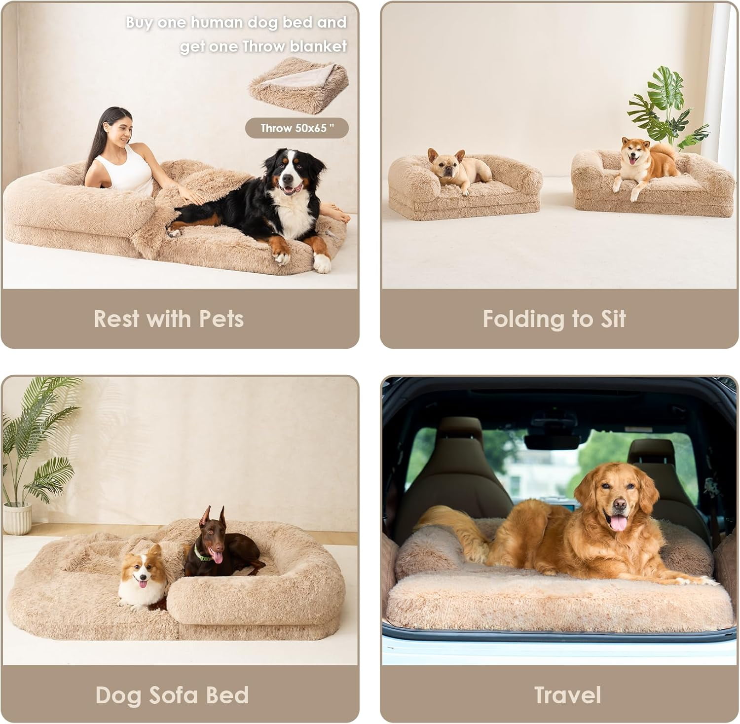 Foldable XXL Dog Bed for Large Sized Dog, 54"x38"x7.5" Faux Fur Fluffy Pet Couch Bed, Orthopedic Calming Memory Foam Big Pet Bed, Washable Pet Sofa Bed with Non-Slip Bottom, Camel