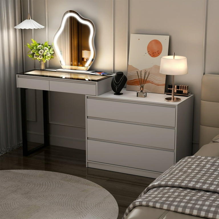 BROTTAR Corner Vanity Desk with Mirror and Lights, Vanity Dresser