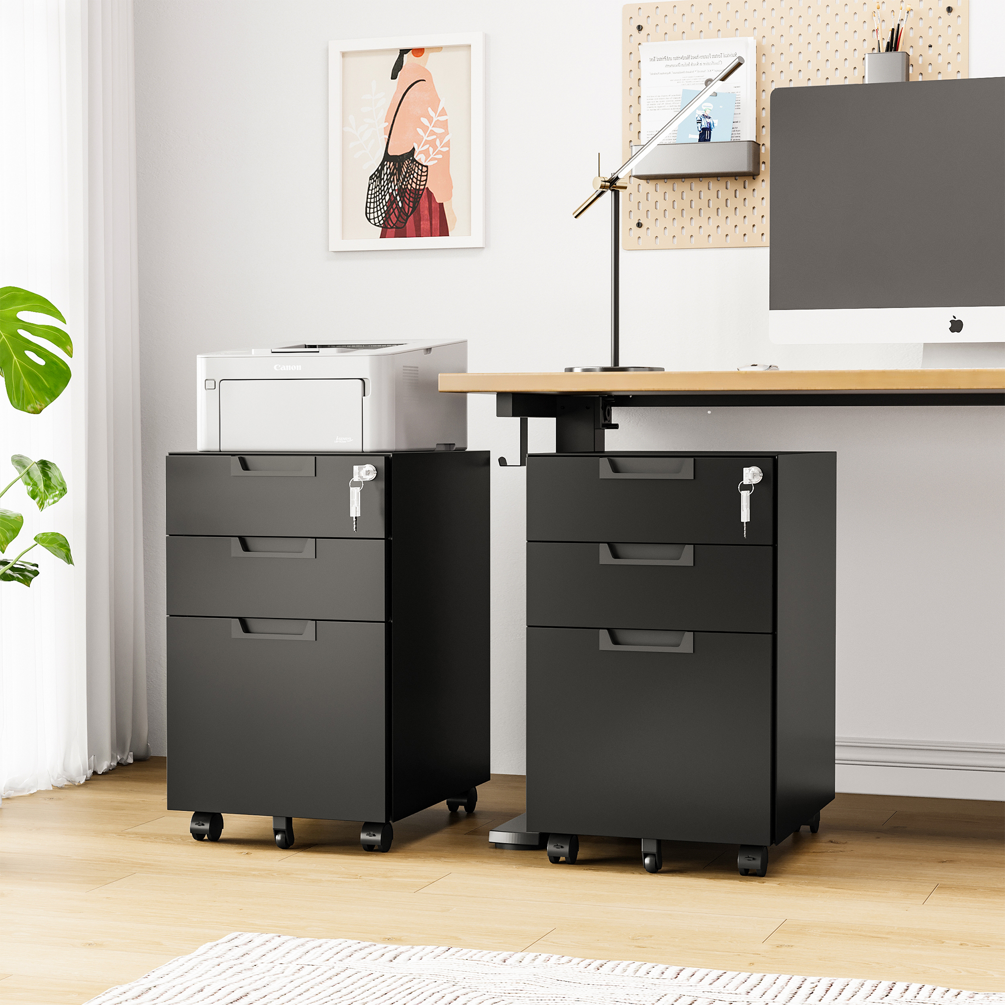 Fesbos Metal Mobile File Cabinet with Lock, 3 Drawer Rolling Filing Cabinets for Home Office, Fully Assembled, Black, 23.6"H*17.32"D* 14.6"W, Fits Letter/Legal/A4 Size Files