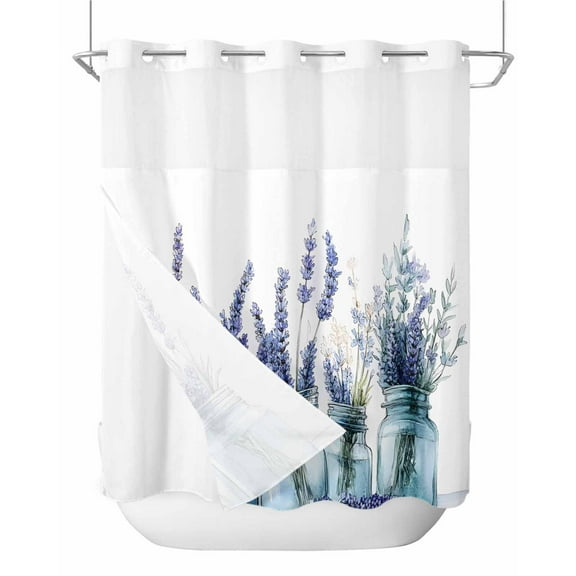 No Hook Shower Curtains with Snap in Liner, Spring Lavender Flower Waterproof Fabric Shower Curtain, Botanical Floral Plant Vase Double Layers & See-Through Top Window Bathroom Curtains 72''x72''