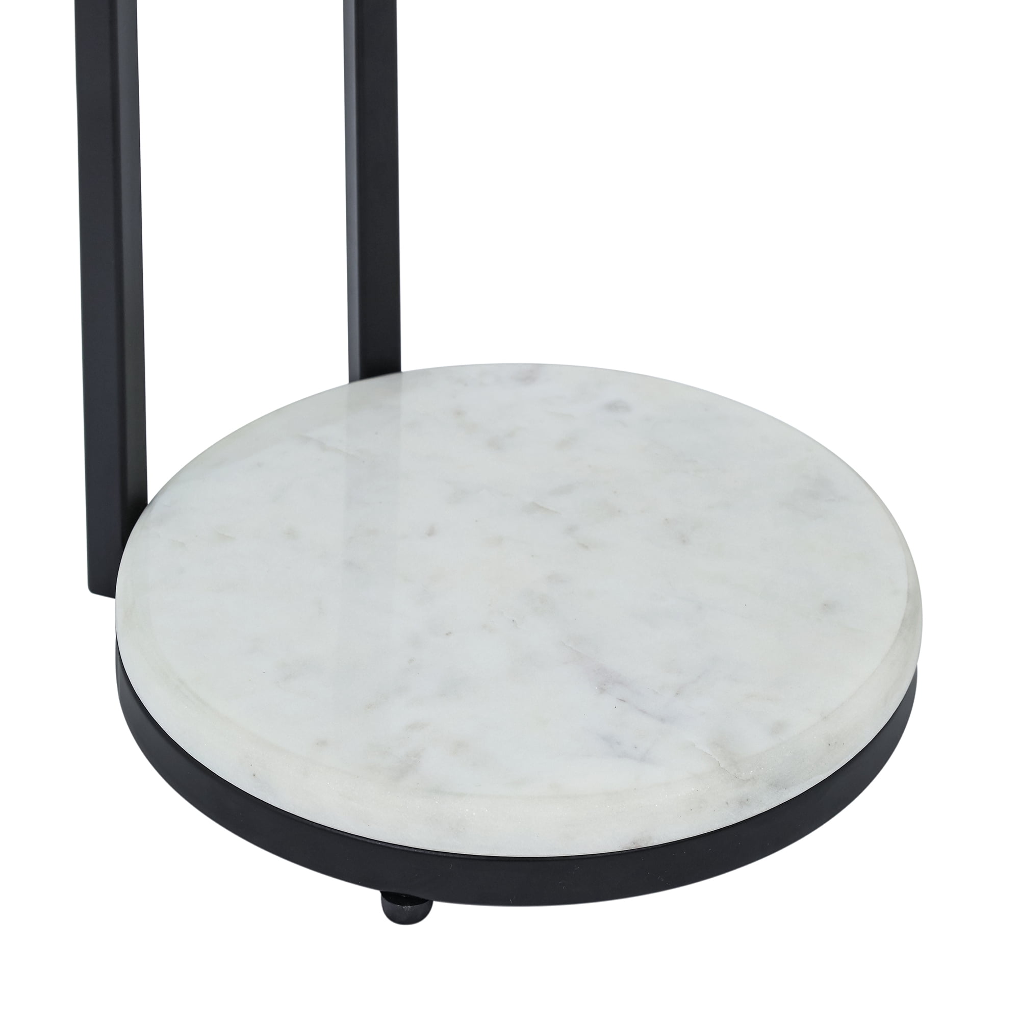 Modern Accent Side Table, Clear Glass Top with Black Metal Frame & White Marble Base, Compact 10×10×23.25 Inch Drink End Table for Living Room Bedroom