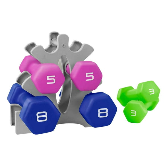 CS 32lb Neoprene Dumbbell Set with Rack-Green,Pink,Blue